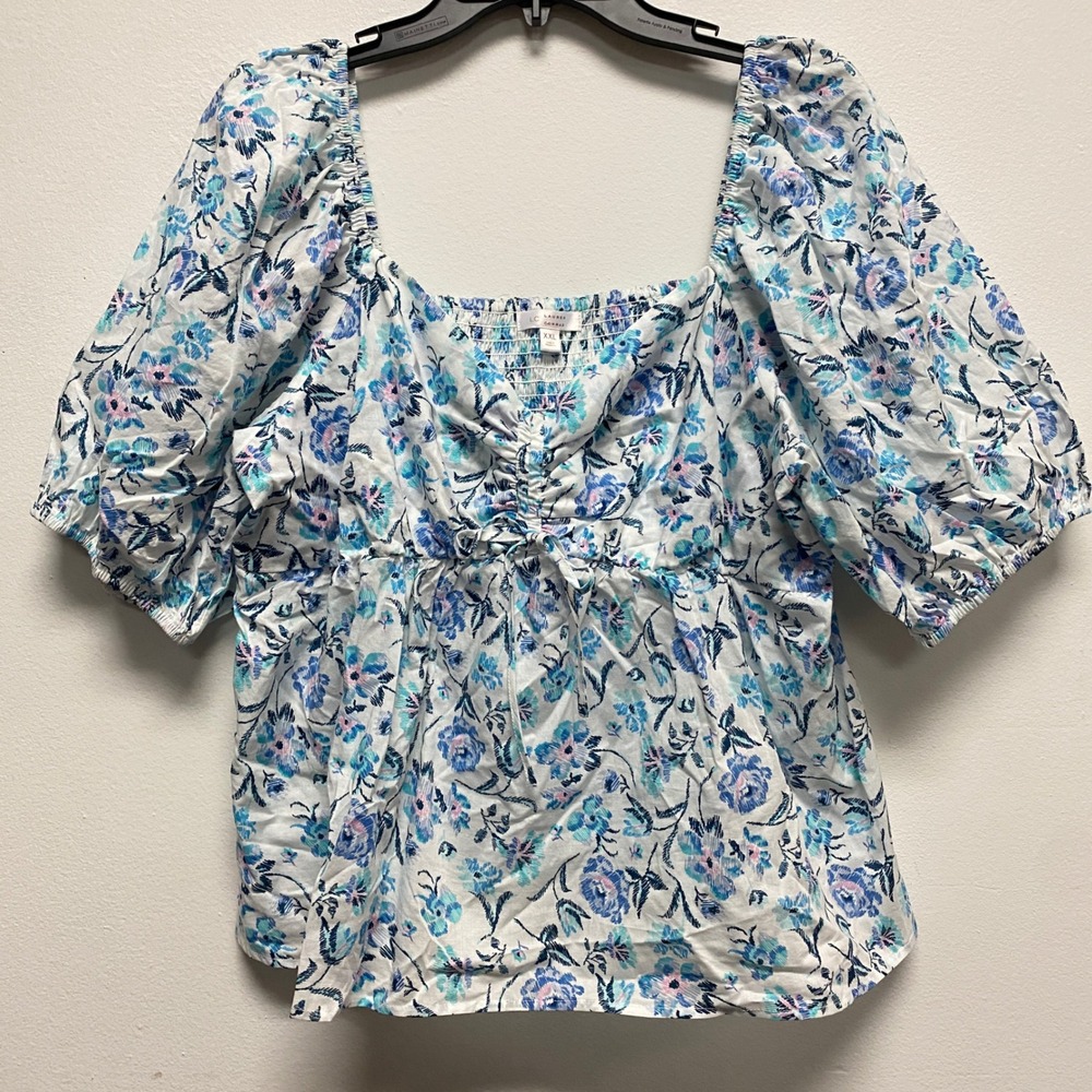 Lauren Conrad Milkmaid Floral Blouse Smocked‎ Ruched Square Neck XXL Cottagecore